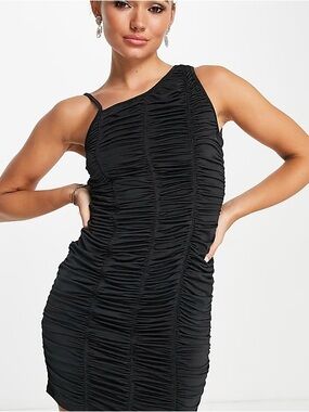 Topshop Black One-Shoulder Ruched Bodycon Cocktail Dress
